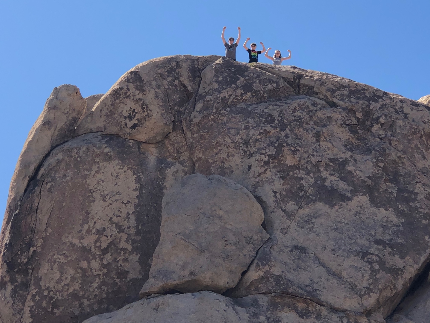 Three kids celebrating on a summit in Joshua Tree
