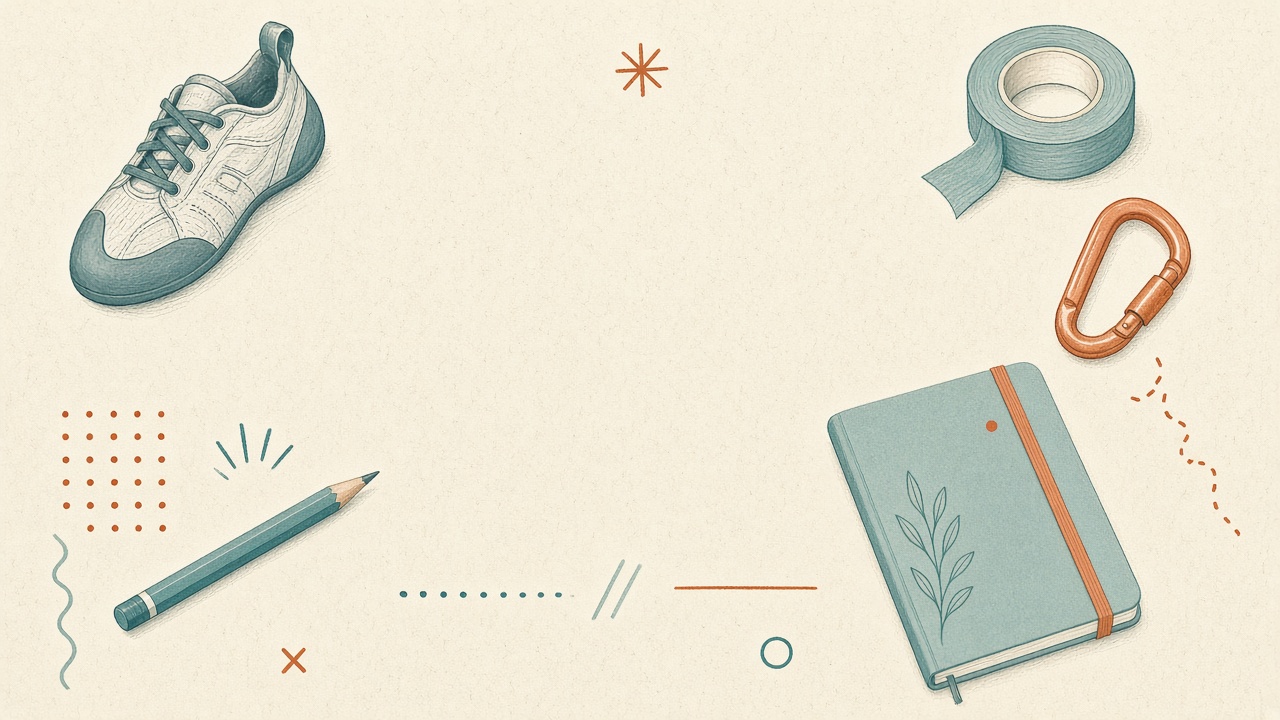 Field-note flat lay: a teal climbing shoe, orange carabiner, tape roll, pencil, and teal notebook with an orange strap on parchment, with small geometric doodles.